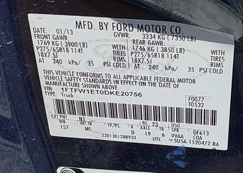 2013 Ford F-150 Xlt z USA, uszkodzony, nr VIN 1FTFW1ET0DKE20756